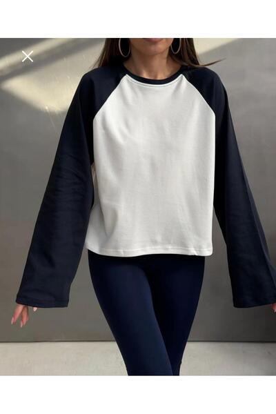 vipelmoda Kadın %100 Pamuk Kontrast Reglan Kollu Bisiklet Yaka Oversize Tişört