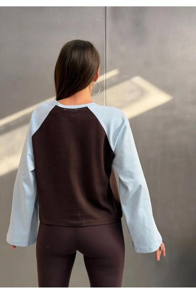 vipelmoda Kadın %100 Pamuk Kontrast Reglan Kollu Bisiklet Yaka Oversize Tişört