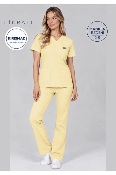 Simirna Üniforma R O N D a – Beige Moth High Waist Spanish Flare Bat Sleeve Medical Uniform Scrubs Set
