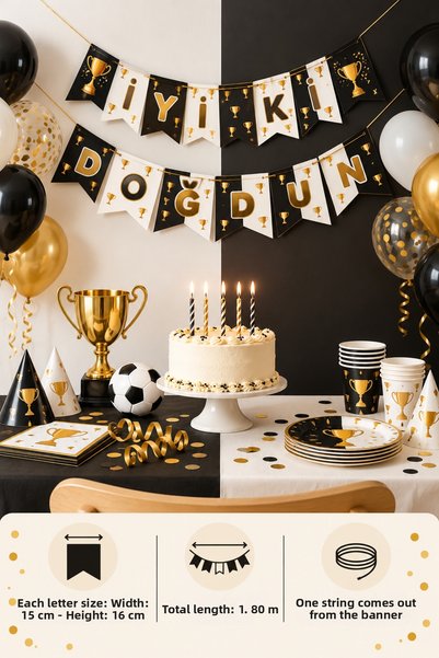 HAPPYLOOPPARTY لافتة عيد ميلاد سعيد باللونين الأسود والأبيض مقاس 180 سم، مجمو...