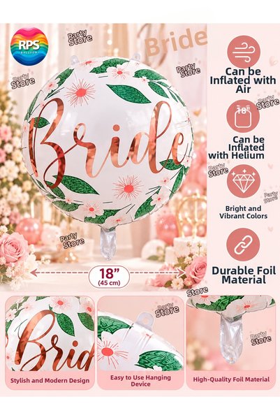 Parti Dükkanı Bride Written Foil Balloon 18 Inch (45 cm) – Rose Gold Floral Pattern Bachelorette, Bride to Be, and Bridal Shower Balloon
