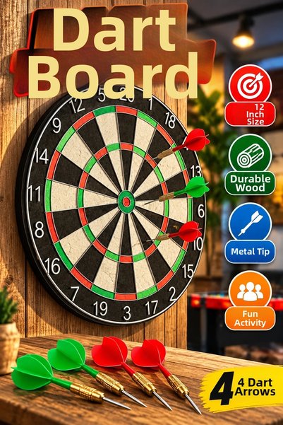canrodi 12 Inch Wooden Dart Board – 4 Metal Needle Tip Darts