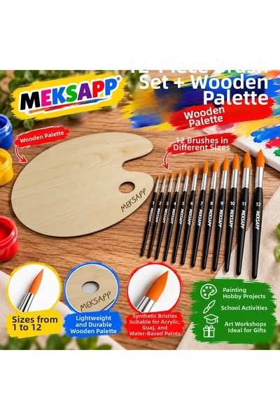 MEKSAPP 12-Piece Paint Brushes + Wooden Palette - Starter Set for Acrylic, Watercolor, Gouache and Canvas Painting