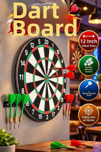 canrodi 12 Inch Wooden Dart Board – Set with 4 Metal Tip Darts and Dart Arrows