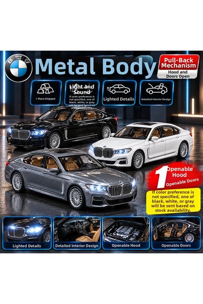 TRUST STORE سيارة بي إم دبليو 740 ذات هيكل معدني بمقياس 1/24 مع صوت وإضاءة، سيارة قابلة للسحب والدفع، قطعة واحدة