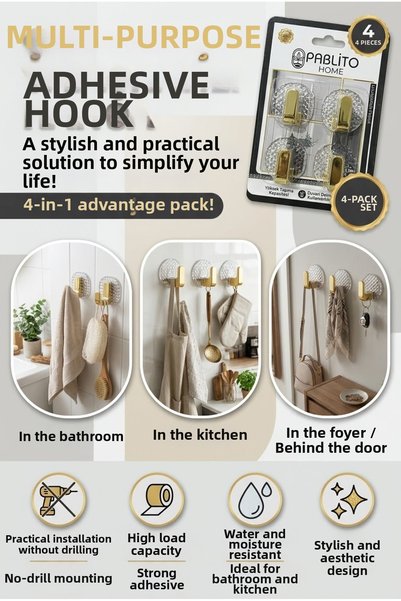 LOVYCO Adhesive Bathroom and Kitchen Hanger Set of 4 - Drill-Free Waterproof ...