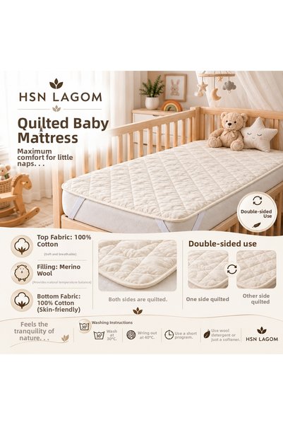 HSN LAGOM Mattress Protector with Quilted Wool Filling Baby 60*120 cm Four Corners Elastic Cotton Fabric Double-Sided Use