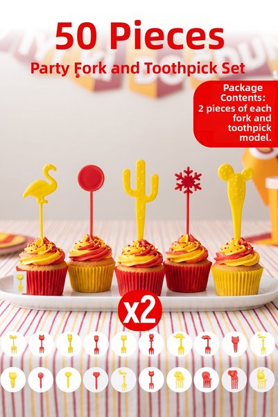 NESS HOME 50 Piece Fan Yellow Red Children's Fruit Forks and Party Toothpicks...