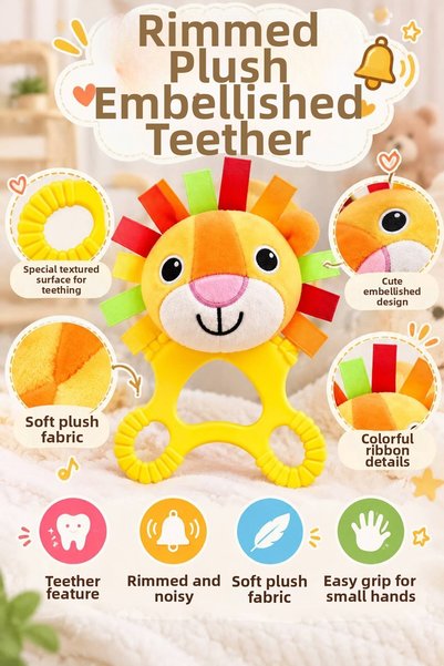 Sozzy Toys Sozzy Rattle Plush Embroidered Teether Lion - Yellow