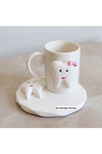 sutasarimevi Handmade 3D Tooth Figured Cup and Saucer Set - Dentist Gift, Den...