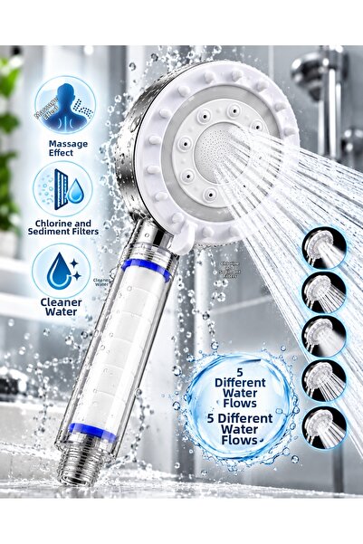 helinaria Shower Head with Chlorine and Lime Filters, 5 Different Water Flows, Massage Effect, Filtered Shower Head