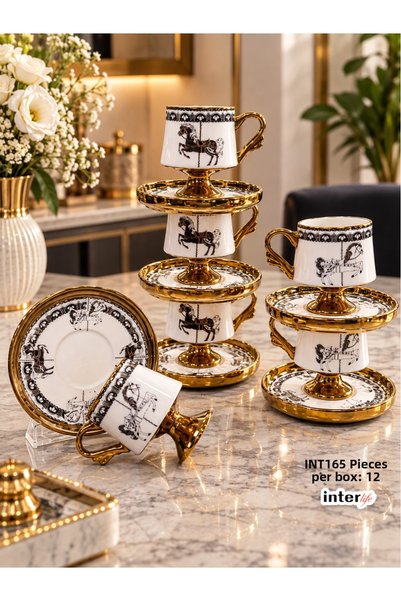 İnterlife 6-Person Horse Patterned Coffee Cup Set Modern Footed Model Coffee Cup