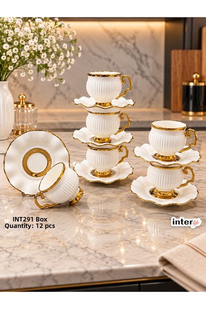 İnterlife 6-Person Striped Turkish Coffee Cup Set with White Gold Gilded Ribb...