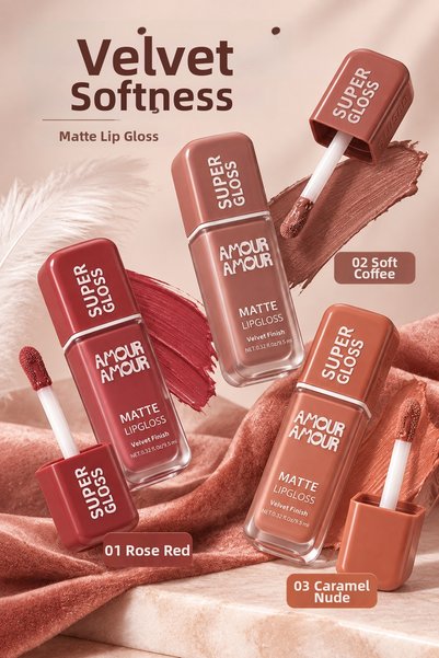 MAQYA KOZMETİK Amour Super Gloss 3-Piece Matte Liquid Lipstick Set (a Series) - Velvety Finish Intense Color Brush Applicator Nude