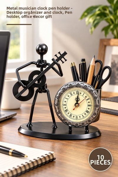 Yenilig 10 Pieces Metal Musician Pen Holder with Clock – Desktop Organizer an...