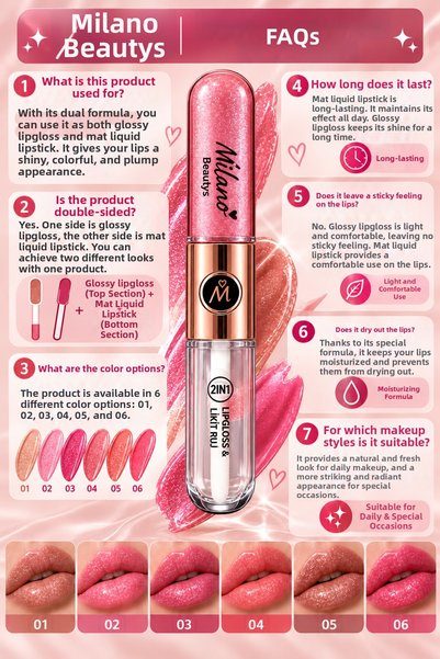 MİLANO BEAUTYS 2-in-1 Double-Ended Glitter Lip Gloss and Liquid Lipstick – Shimmering Lip Gloss – 6 Color Options