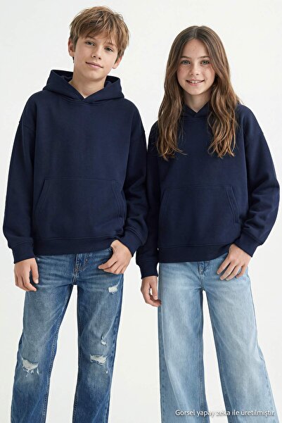 TRENDYOLKIDS Navy Blue Boys' Thick/Fleece-Lined Hooded Oversize Knitted Sweat...