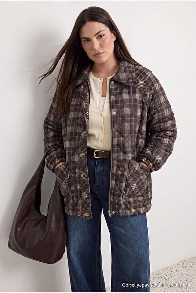 Trendyol Collection Brown Plaid Regular Fit Quilted Oversized Coat Twoaw27Aw0...