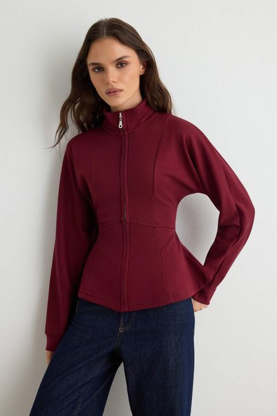 Trendyol Kollektion Burgunderrote, weiche Strickjacke/Sweatshirt mit Reißvers...