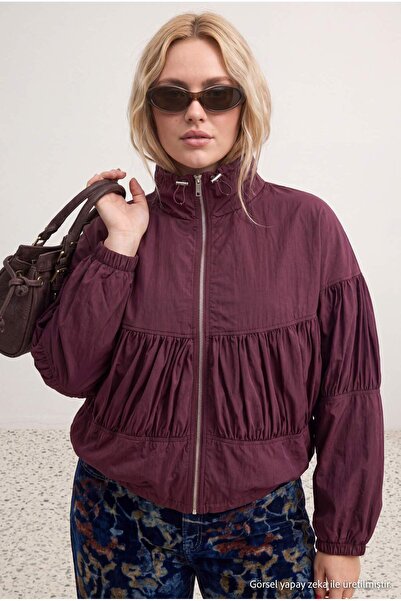 Trendyol Collection Plum Oversize Patterned Drawstring Detailed Plus Size Jac...