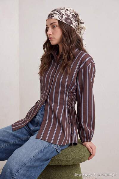 Trendyol Modest Καφέ Μπλε Ριγέ Υφαντό Πουκάμισο με Λεπτομέρεια Δεσίματος στη ...