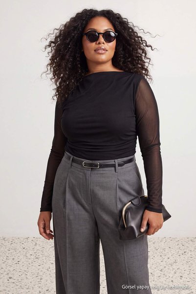 Trendyol Curve Black Asymmetric Collar Long Sleeve Tulle Knitted Plus Size Bl...