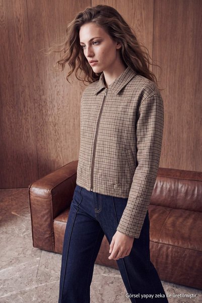 Trendyol Collection Jachetă țesută în carouri maro cu fermoar TWOAW27CE00098