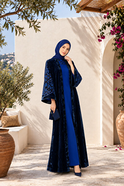 Muslima Wear Okyanus Mavisi Gölgeli Japon Kadife Oryantal Desen Kollar Nakış ...