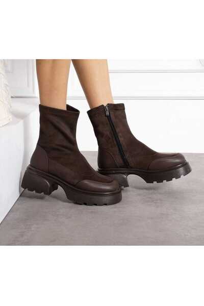 SEFERİ Women's Brown Suede Stretch High-Top Boots