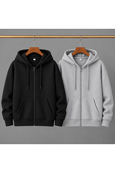 Trend Sizde Unisex 2-pack hanorac cu glugă și fermoar negru gri de bază cardi...