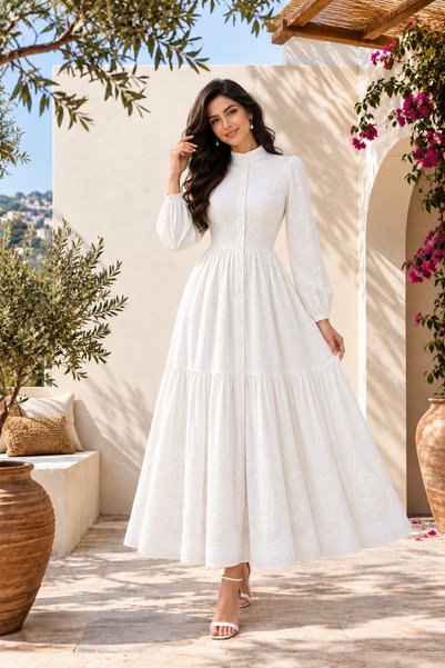 Muslima Wear White Dream Floral Print Pearl Button Detail Women's Dress