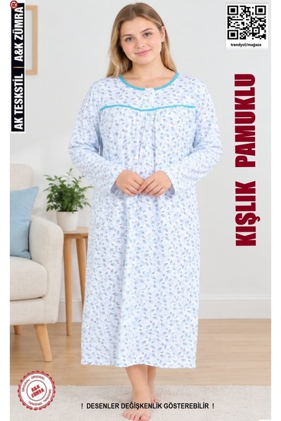 A&K ZÜMRA Winter Cotton Combed Mother's Nightgown Blue