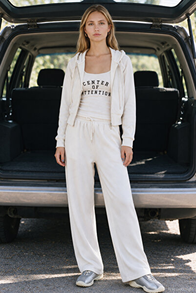 Quzu Elastic Waist Lace-Up Wide Leg Sweatpants Ecru