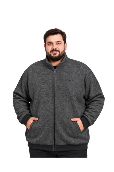 BattalModa Men's Large Size Melange Anthracite Thessaloniki Stand Collar Pock...