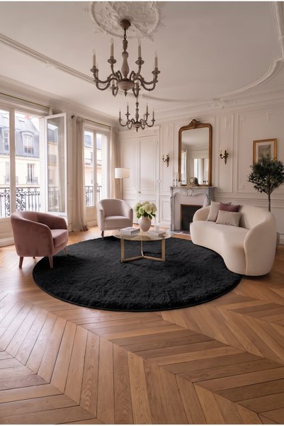 SOFT DECOR Siyah Kaymaz Taban Peluş Yuvarlak Daire Kesme Halı Tozumaz Yumuşak...