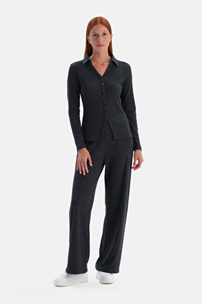 Dagi Pantaloni Gri Melange Basic cu nervuri