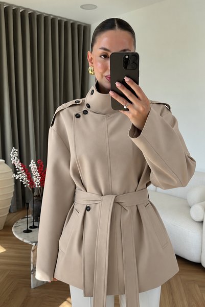 NET OF NOT Monica Belted Detailed High Collar Stone Color Trench Coat