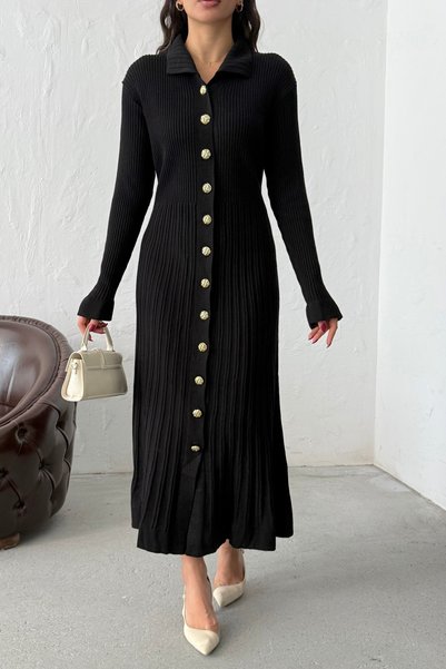 BEJNA Schwarzes, stilvolles, geknöpftes, langes Strickhemdkleid für Damen