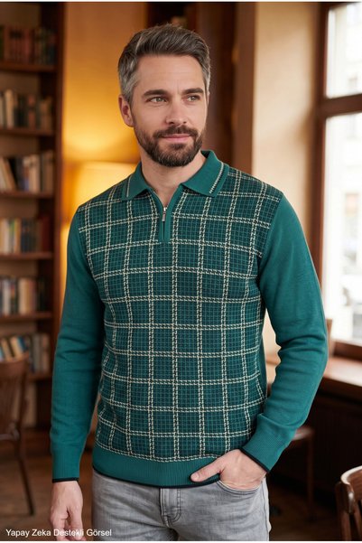 Kamalı Men's Nefti Anti-Pilling Polo Collar Half-Zip Thick Knit Patterned Win...