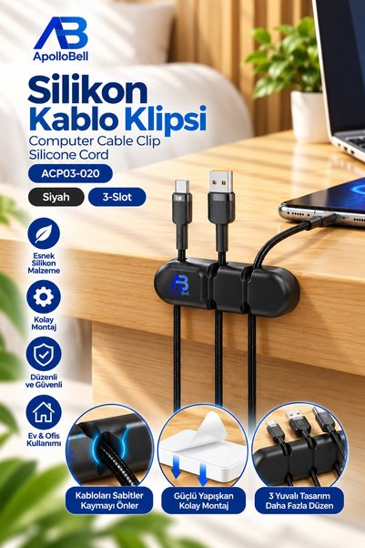 apollobell Silikon Kablo Düzenleyici Klips 3 Slot Kablo Tutucu Organizer Masaüstü Kablo Toplayıcı USB Type-C Siyah ACP03-020