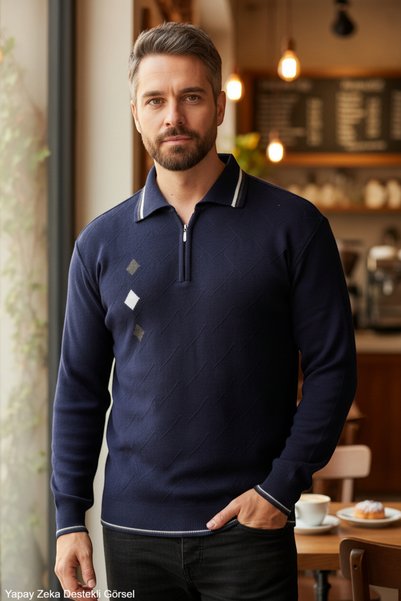 Kamalı Regular Fit Normal Cut Polo Neck Navy Blue Knitwear