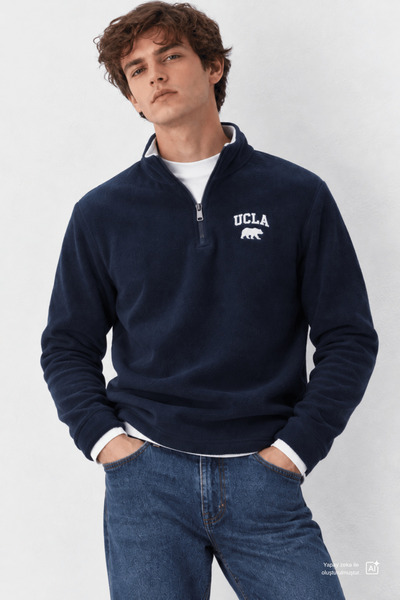UCLA CORNING Bluemarin cu jumătate de fermoar brodat guler ridicat fleece sta...