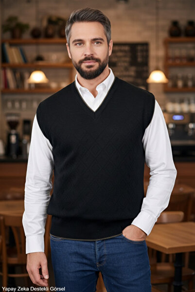 Kamalı Men's Black Anti-Pilling Fabric Standard Fit Regular Cut V-Neck Knitwe...
