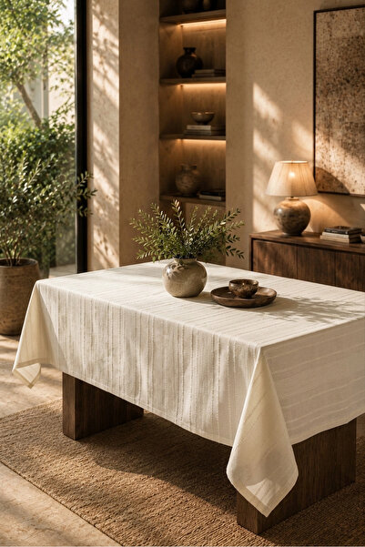 desenizmir Rustic Fabric, New Season Linen Look, Carefree Off-White Table Cloth