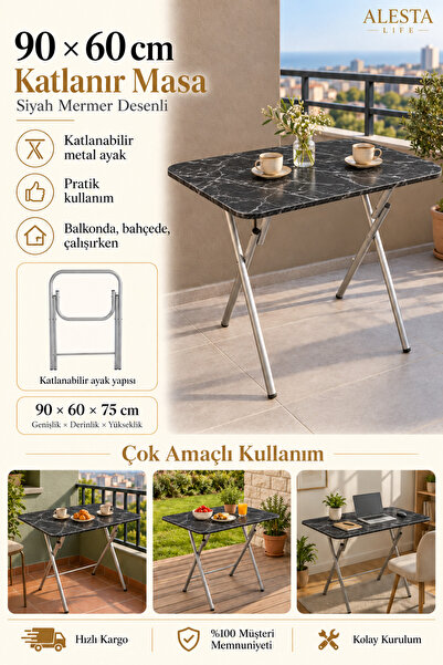 Alesta Life Siyah Mermer Desenli Katlanabilir Masa 60x90 Cm