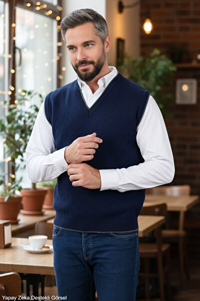 Kamalı Men's Navy Blue Anti-Pilling Fabric Standard Fit Regular Cut V-Neck Knitwear Sweater