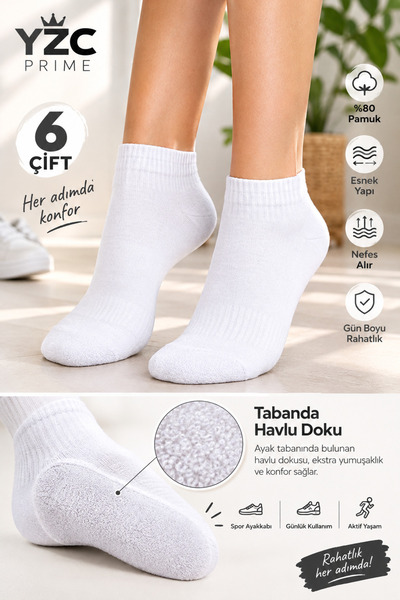 YZC Prime Pamuklu Taban Altı Havlu Çorap 6 Çift Beyaz Unisex Kısa Konç Günlük...