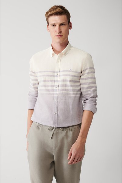 Avva Men's Light Purple Cotton Linen Blended Striped Shirt A31Y2268