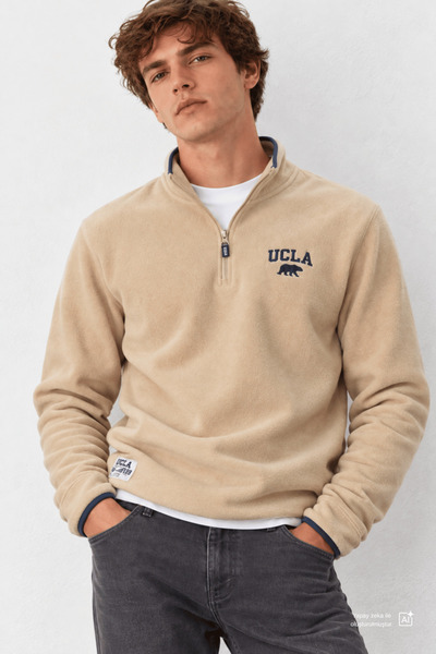 UCLA Hanorac pentru bărbați CORNING, bej închis, cu jumătate de fermoar, brod...