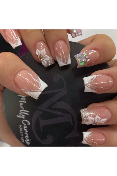 Choice Orange 24pcs French Flash White Border Cherry Blossom Rhinestone Fake ...